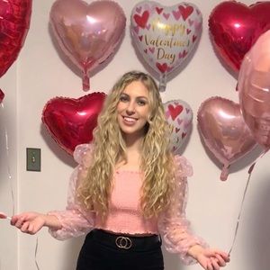 Pink shirt with sheer bubble sleeves with polka dots. Size L. Worn once.